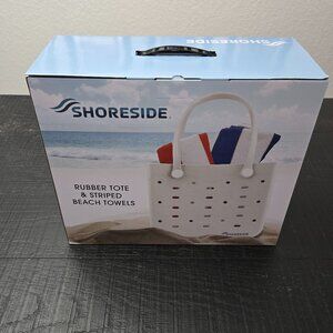 Shoreside- Rubber Tote & Striped Beach Towels, Blue and Red.